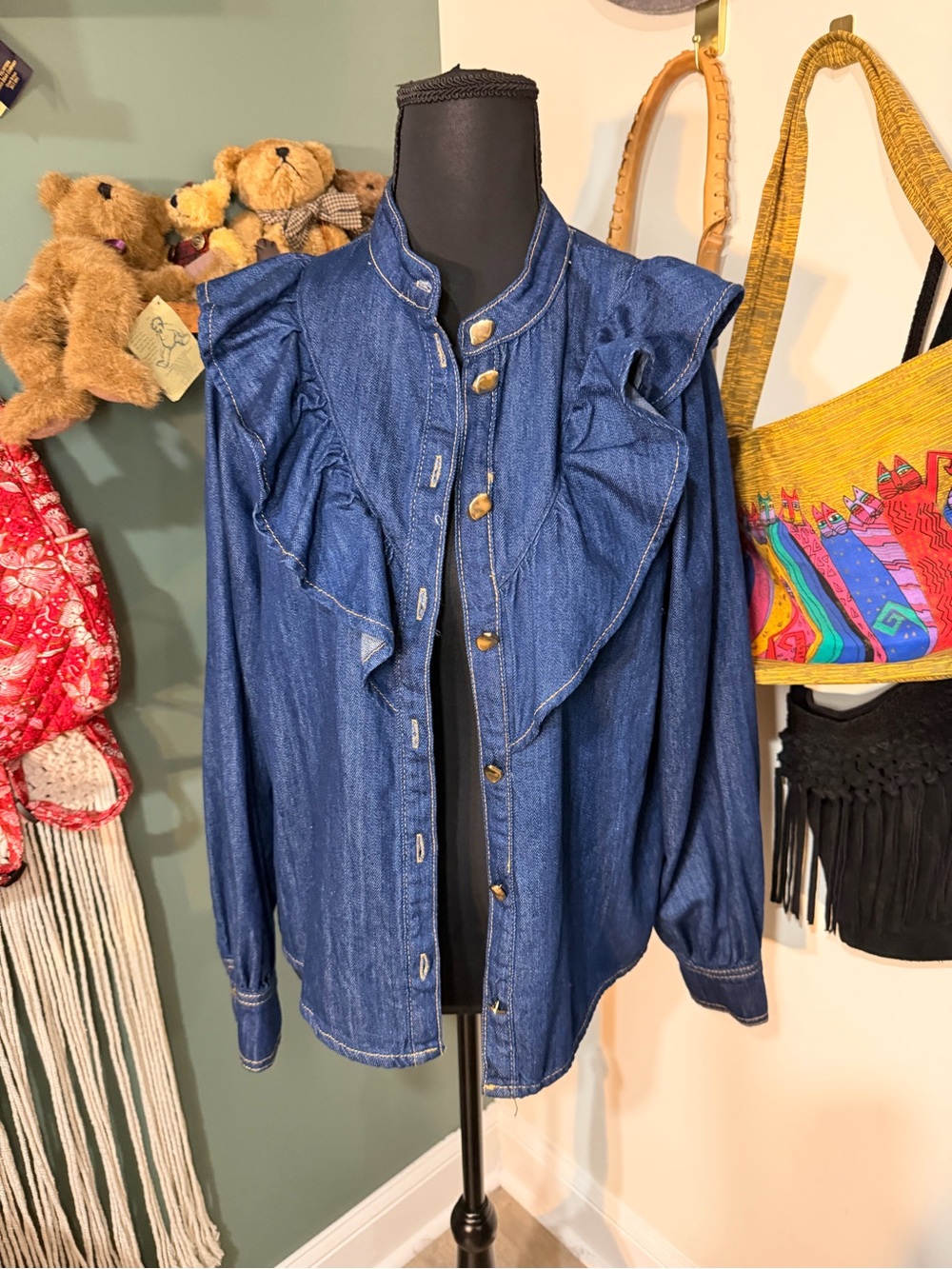 ZARA Ruffled Denim Button Front Top Size XS Oversized Boho